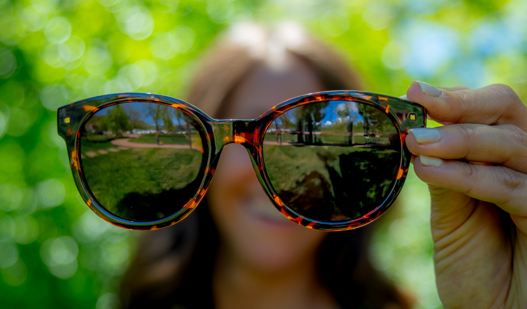 Person holding Optic Nerve Hotplate sunglasses with a tortoise frame and brown lenses with a blurred green background