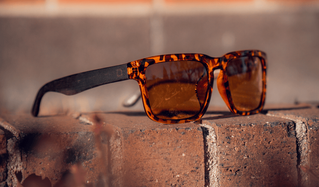 Close up of Optic Nerve Mashup Wood sunglasses with a tortoise frame and brown lenses on a brick ledge