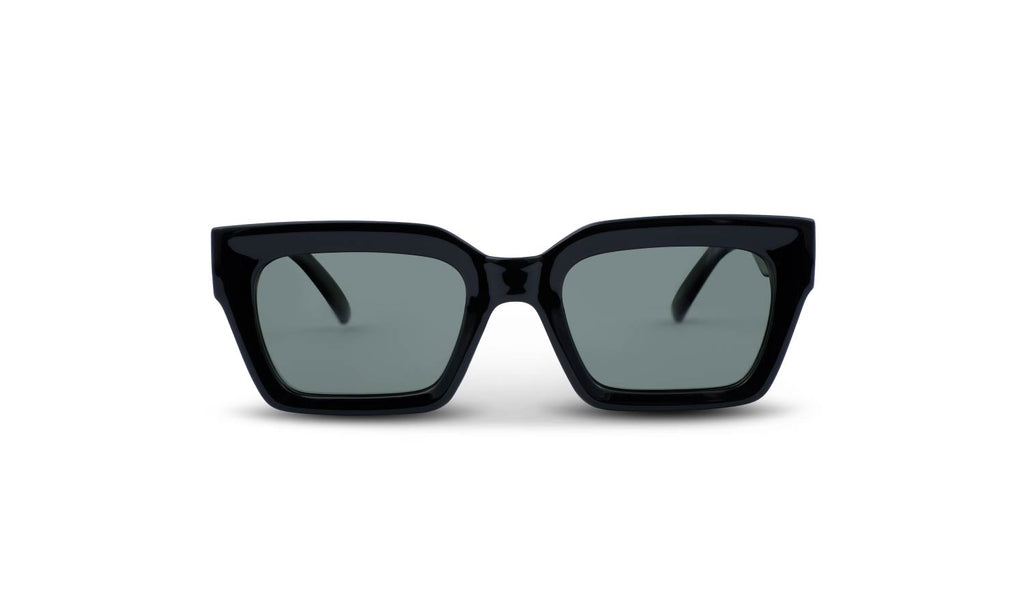 Optic Nerve Afterglow sunglasses with a black frame and smoke lenses on a white background