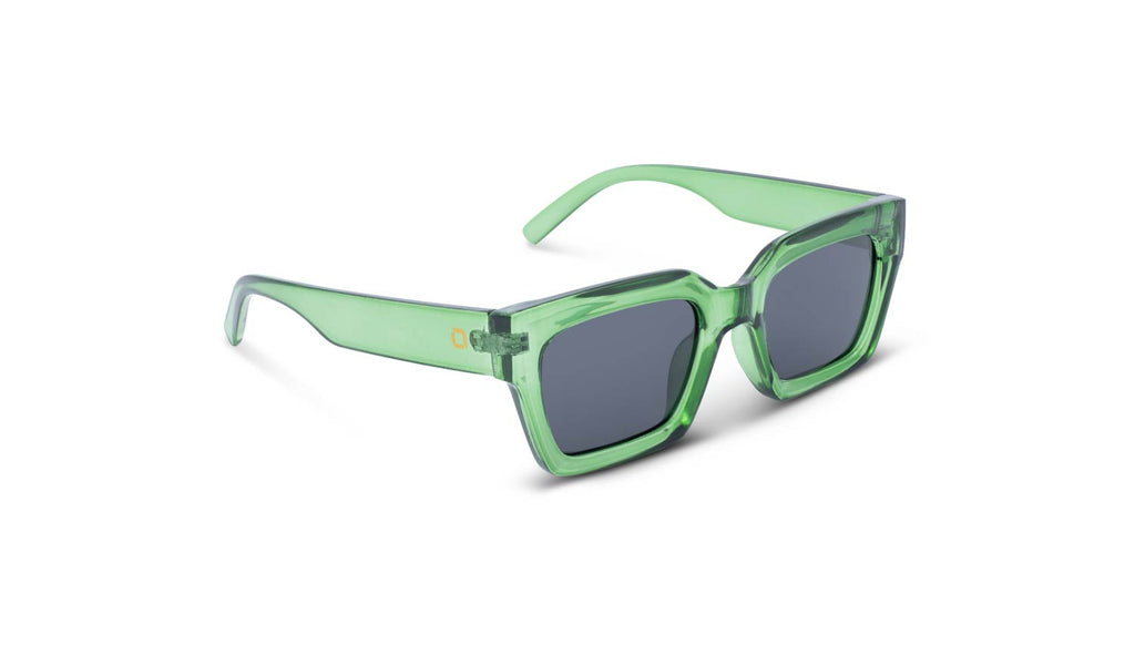 Optic Nerve Afterglow sunglasses with a green frame and smoke lenses on a white background