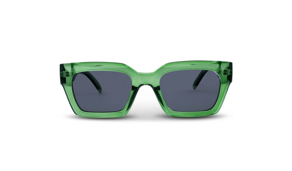 Optic Nerve Afterglow sunglasses with a green frame and smoke lenses on a white background