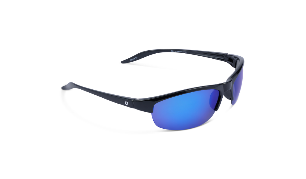 Alpine Sunglasses with a black frame, smoke lens, and a blue mirror on a white background