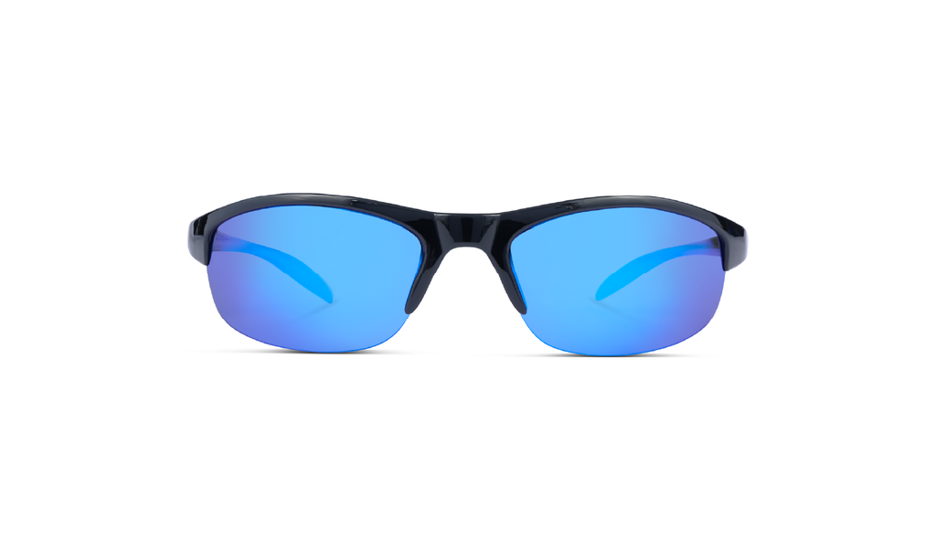 Alpine Sunglasses with a black frame, smoke lenses, and a blue mirror on a white background