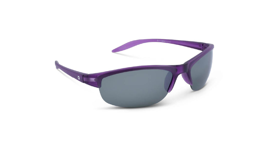 Optic Nerve Alpine sunglasses with a purple frame, smoke lenses, and a silver mirror on a white background