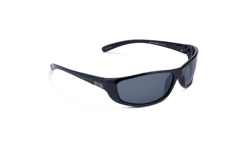 Backwoods Sunglasses with a black frame and smoke lenses on a white background