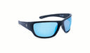 Optic Nerve Contra XL HYDROGLARE Sunglasses with a black frame, smoke lens, and a blue mirror on a white background