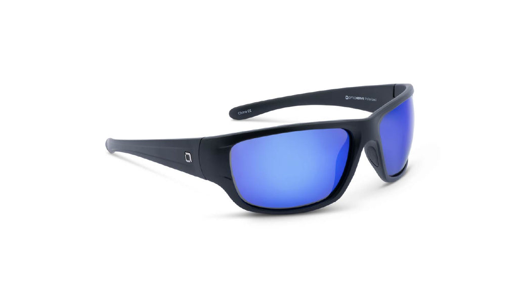 Optic Nerve contra XL sunglasses with a black frame, smoke lenses, and a blue mirror on a white background
