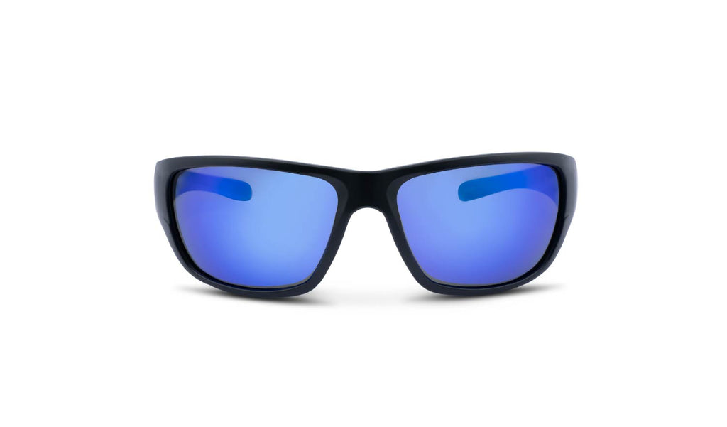 Optic Nerve Contra XL sunglasses with a black frame, smoke lenses, and blue mirror, on a white background