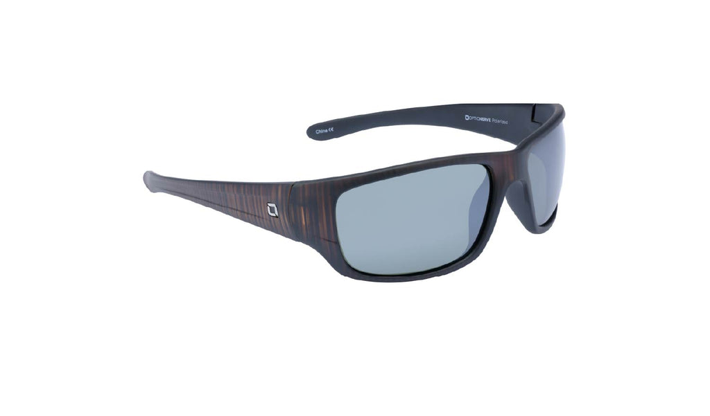 Optic Nerve Contra sunglasses with a black frame, smoke lenses, and a silver mirror on a white background