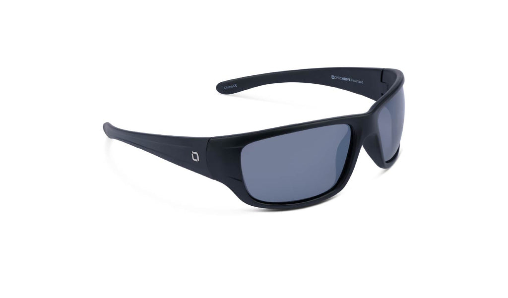 Optic Nerve Contra Sunglasses with a black frame, smoke lenses, and a silver mirror on a white background