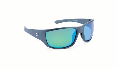Optic Nerve Contra Sunglasses with a gray frame, smoke lens, and a green mirror on a white background