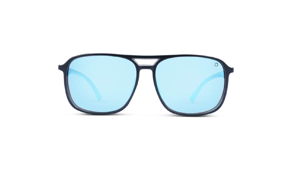 Optic Nerve Cousin sunglasses with a gray frame, brown lenses, and a blue mirror on a white background