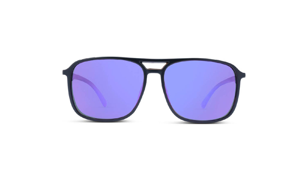 Optic Nerve Cousin sunglasses with a tortoise frame, smoke lenses, and purple mirror on a white background