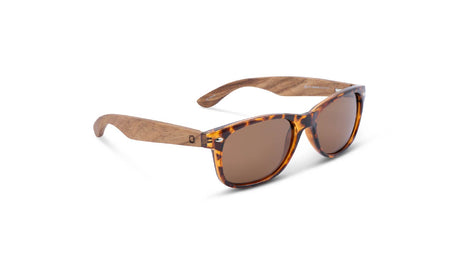 Optic Nerve Cruzin' Wood sunglasses with FSC natural wood temples, tortoise frame, and brown lenses on a white background
