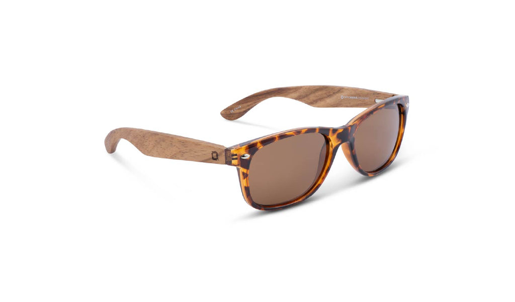 Optic Nerve Cruzin' Wood sunglasses with FSC natural wood temples, tortoise frame, and brown lenses on a white background