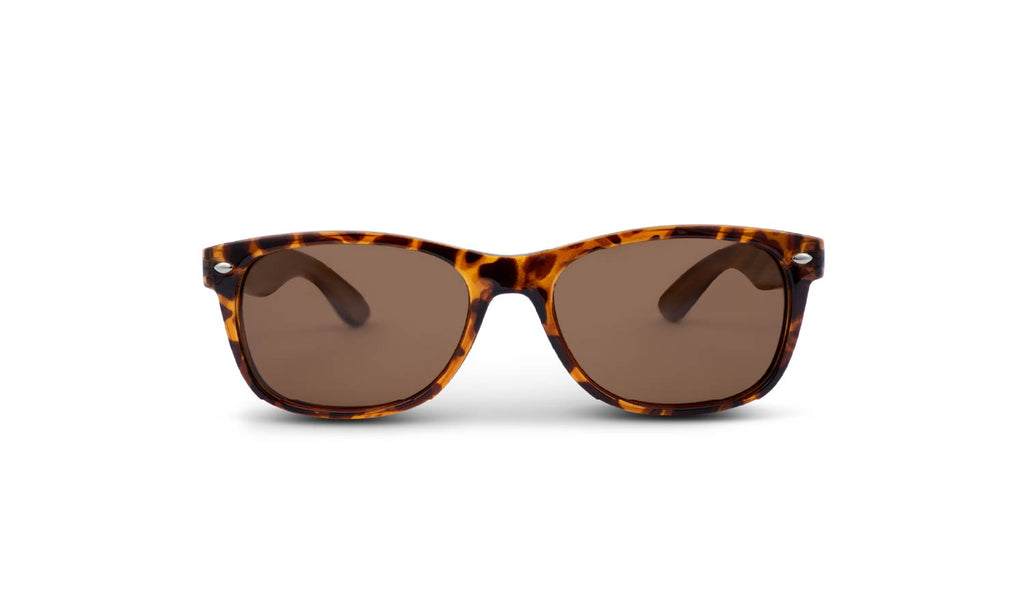 Optic Nerve Cruzin' Wood sunglasses with FSC natural wood temples, tortoise frame, and brown lenses on a white background
