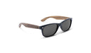 Optic Nerve Cruzin' Wood sunglasses with FSC natural wood temples, black frame, and smoke lenses with a white background