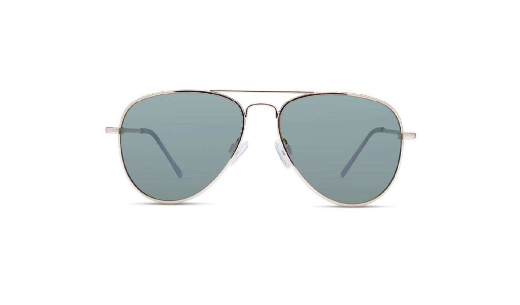 Optic Nerve Estrada sunglasses with gold frame and smoke lenses on a white background