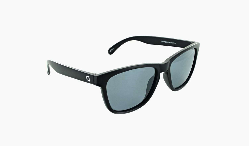 Optic Nerve Fairplay sunglasses with a black frame, smoke lenses, and a silver mirror on a white background