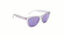 Optic Nerve Fairplay sunglasses with a gray frame, smoke lenses, and a purple mirror on a white background