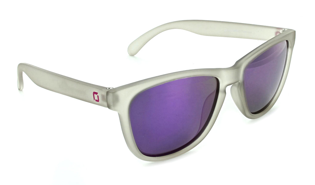 Optic Nerve Fairplay sunglasses with a gray frame, smoke lenses, and a purple mirror on a white background