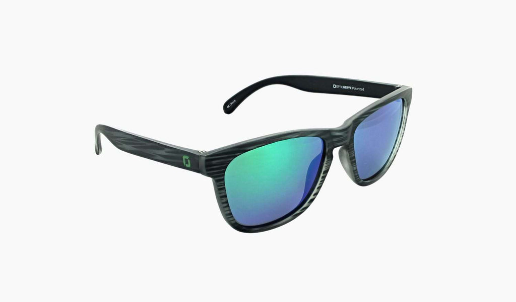 Optic Nerve Fairplay sunglasses with a gray frame, smoke lenses, and a green mirror on a white background