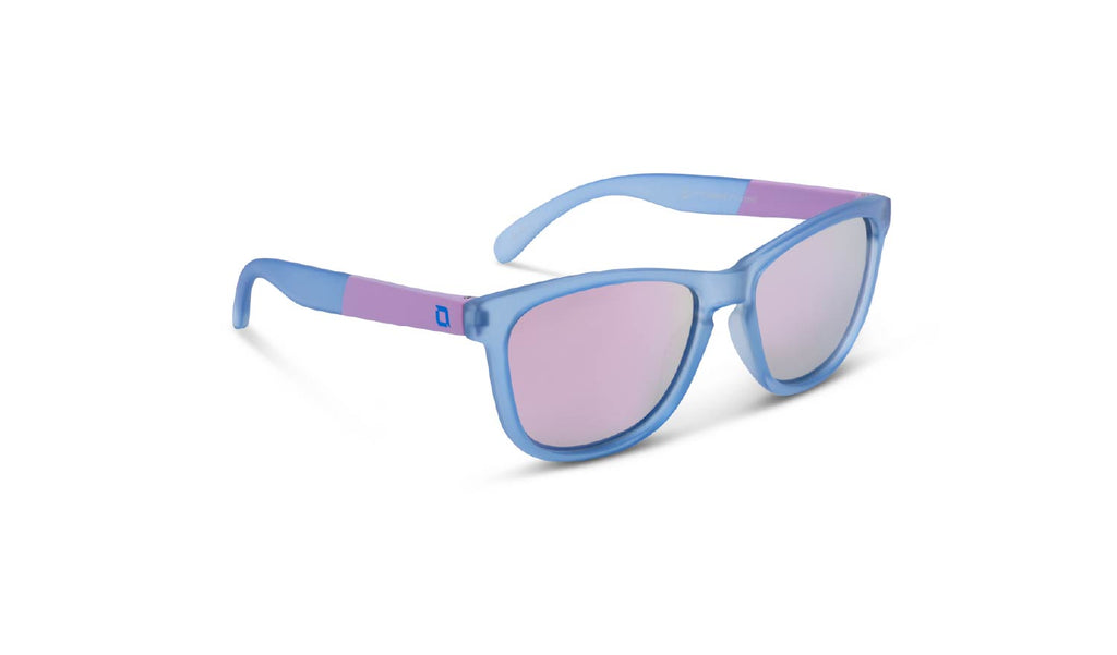 Optic Nerve Fairplay sunglasses with a blue frame, smoke lenses, and a pink mirror on a white background