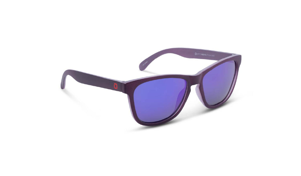 Optic Nerve Fairplay sunglasses with a purple frame, brown lenses, and a purple mirror on a white background