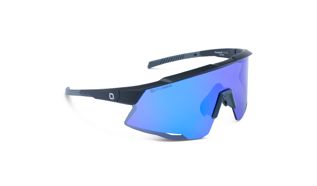 Optic Nerve FixieAIR sunglasses with a black frame, brown lens, and a blue mirror on a white background
