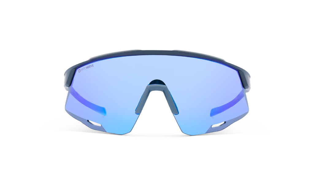 Optic Nerve FixieAIR sunglasses with a black frame, brown lens, and a blue mirror on a white background