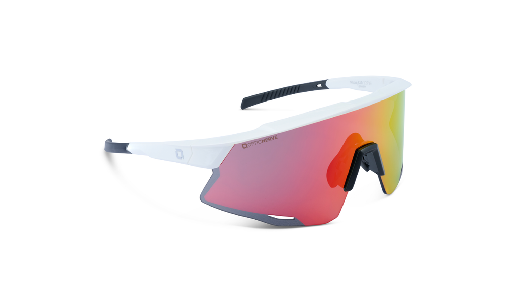Optic Nerve FixieAIR sunglasses with a white frame, smoke lens, and a red mirror on a white background