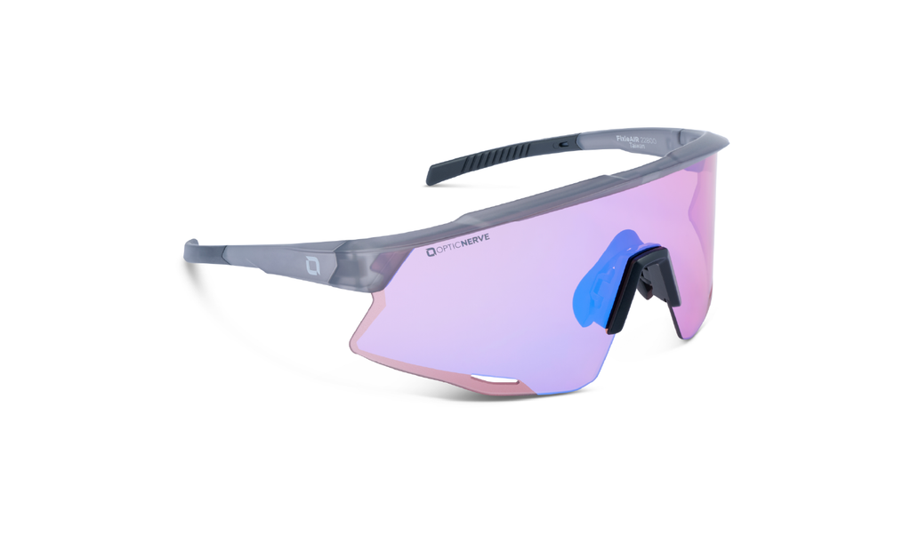 Optic Nerve FixieAIR sunglasses with a gray frame, smoke lens, and a red mirror on a white background
