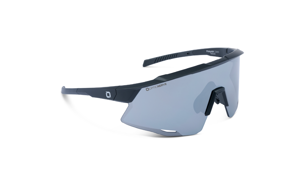 FixieAIR sunglasses with a black frame, smoke lens, and a silver mirror on a white background