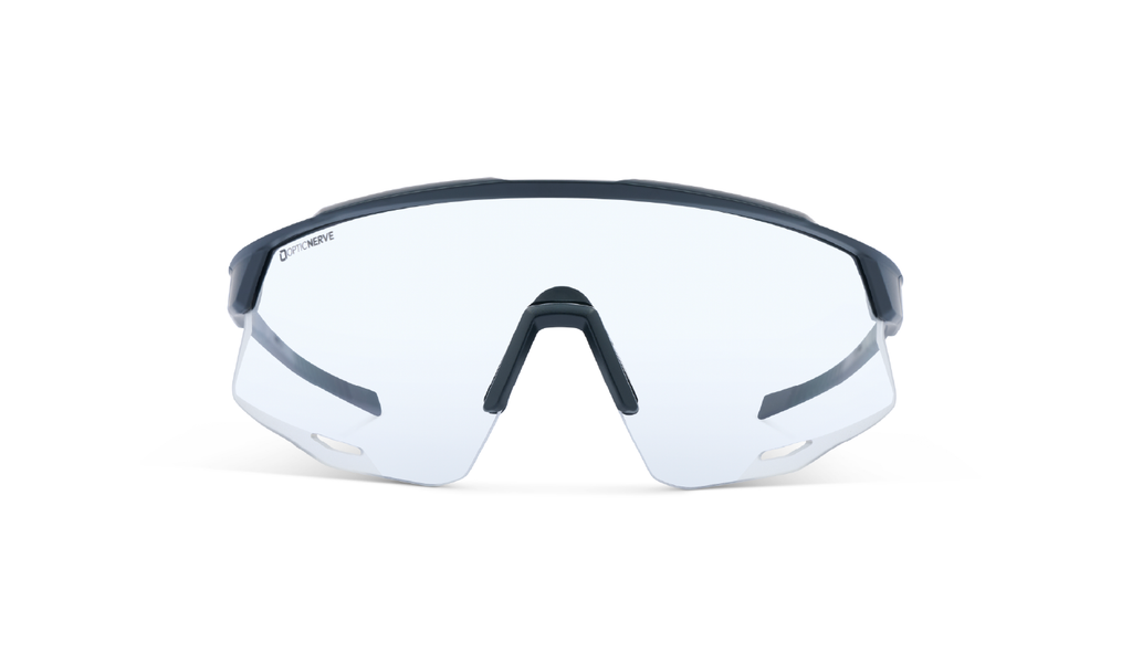 Optic Nerve FixieAIR sunglasses with a black frame and a clear lens on a white background
