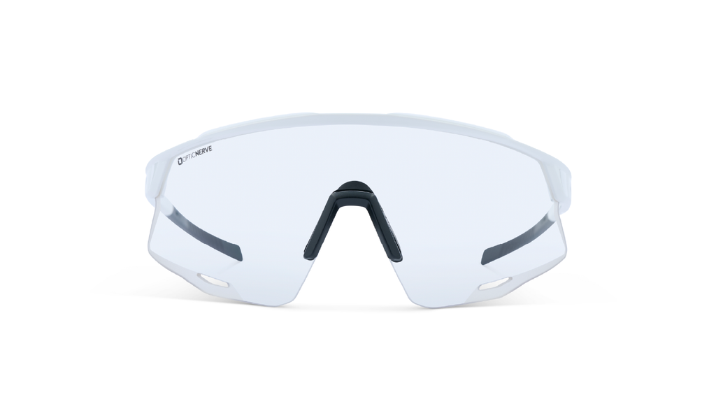 Optic Nerve FixieAIR sunglasses with a white frame and a clear lens on a white background