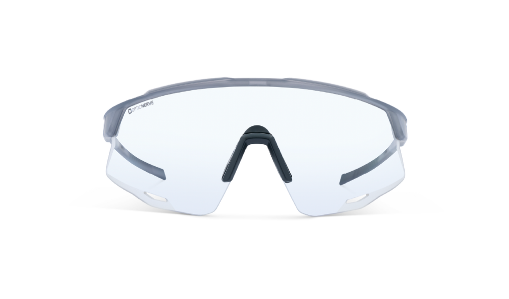 Optic Nerve FixieAIR sunglasses with a gray frame, clear lens, on a white background