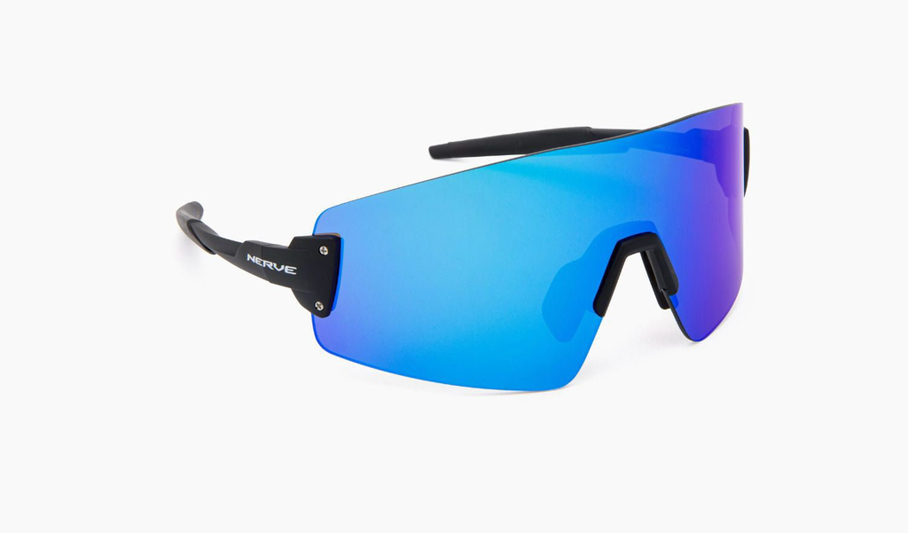 FixieBLAST sunglasses with a black frame, smoke lens, and a blue mirror on a white background