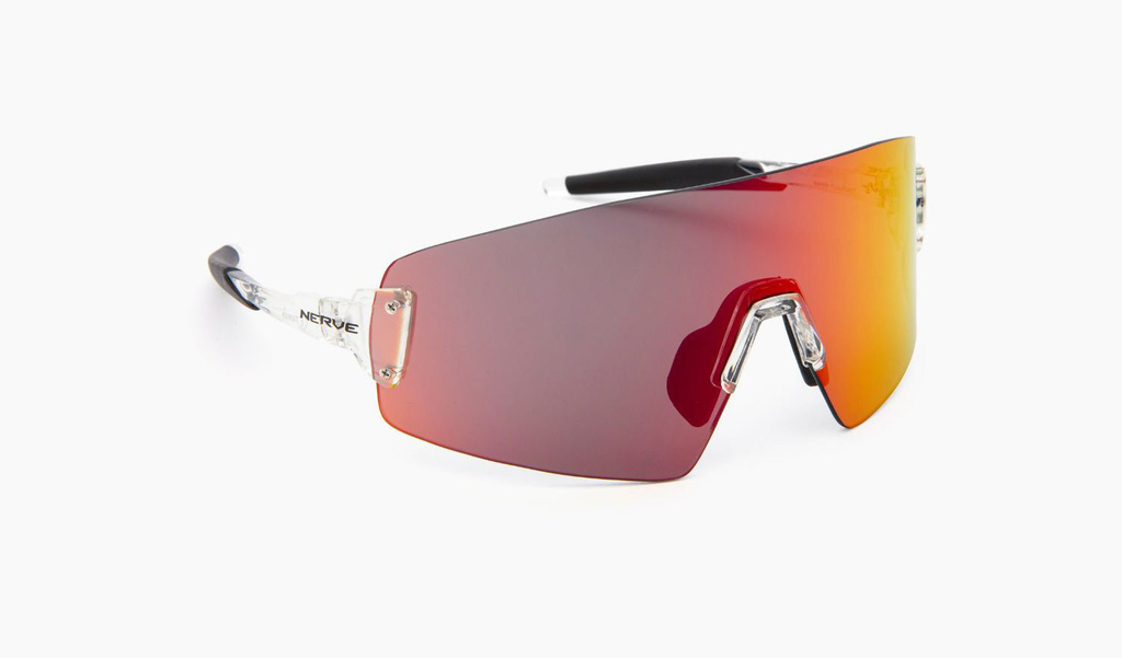 Optic Nerve FixieBLAST sunglasses with a clear frame, smoke lens, and a red mirror on a white background