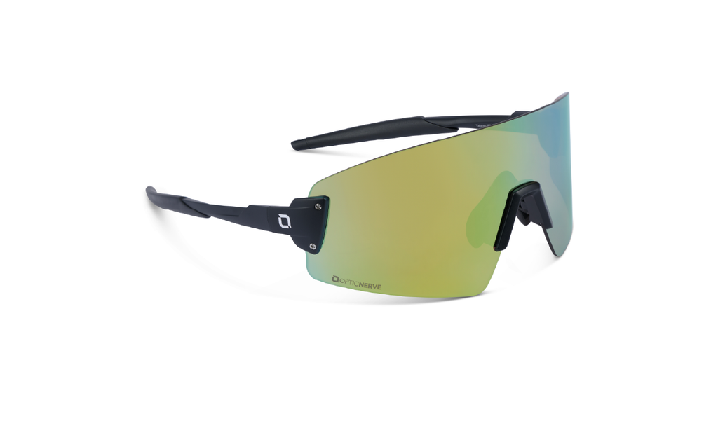 Optic Nerve FixieBLAST sunglasses with a black frame, brown lens, and gold mirror on a white background