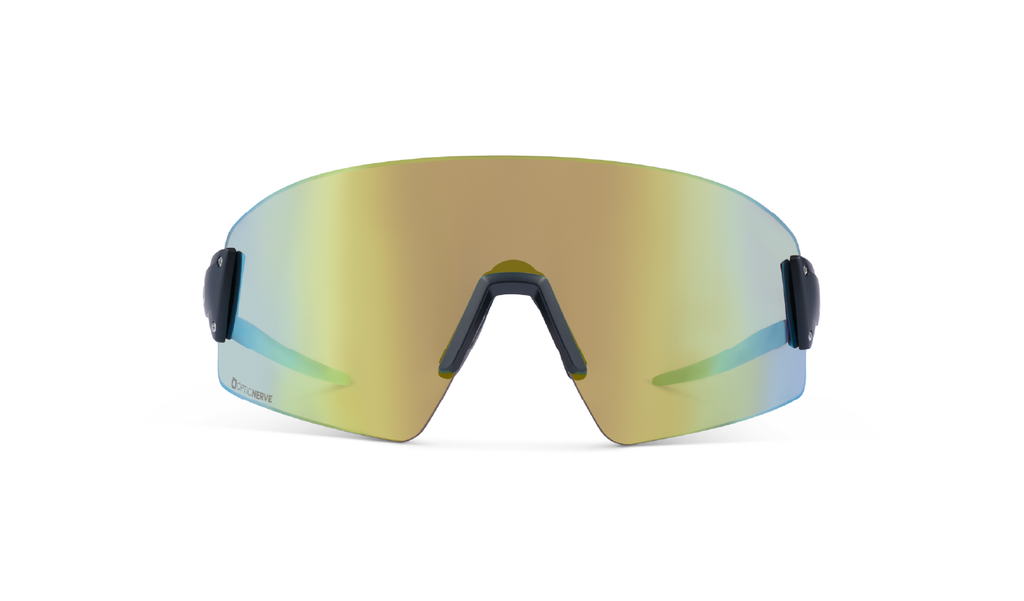 Optic Nerve FixieBLAST sunglasses with a black frame, brown lens, and a gold mirror on a white background
