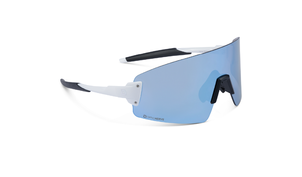 Optic Nerve FixieBLAST sunglasses with a white frame, brown lens, and a blue mirror on a white background