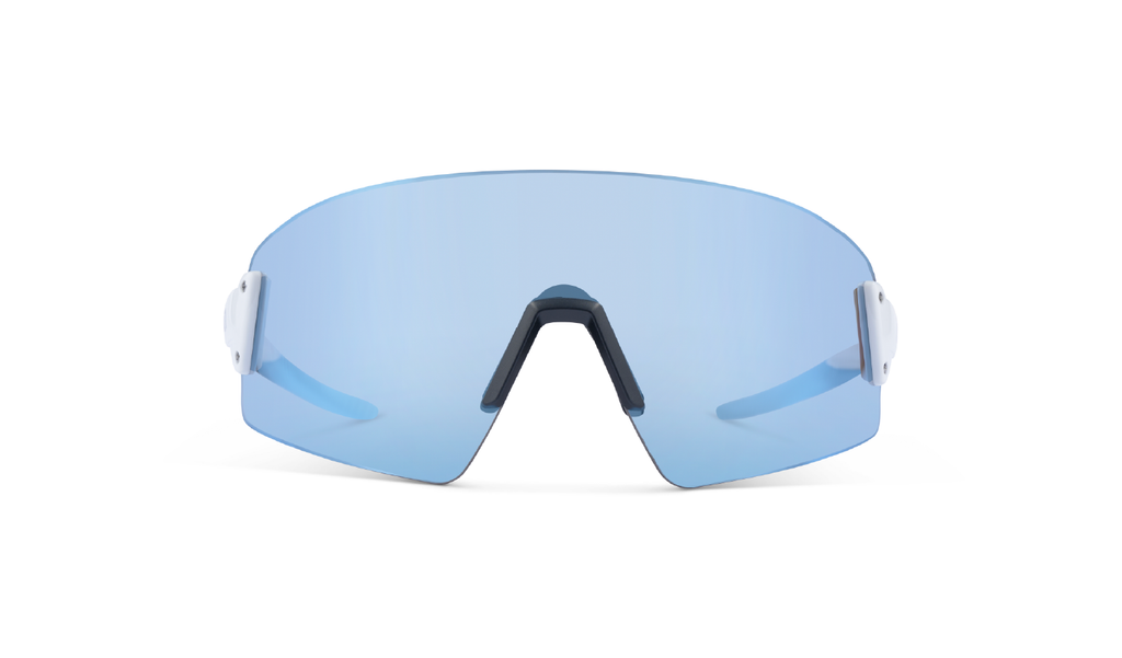 Optic Nerve FixieBLAST sunglasses with a white frame, brown lens, and a blue mirror on a white background