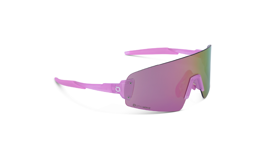 FixeBLISS Sunglasses with a pink frame, brown lens, and a pink mirror on a white background