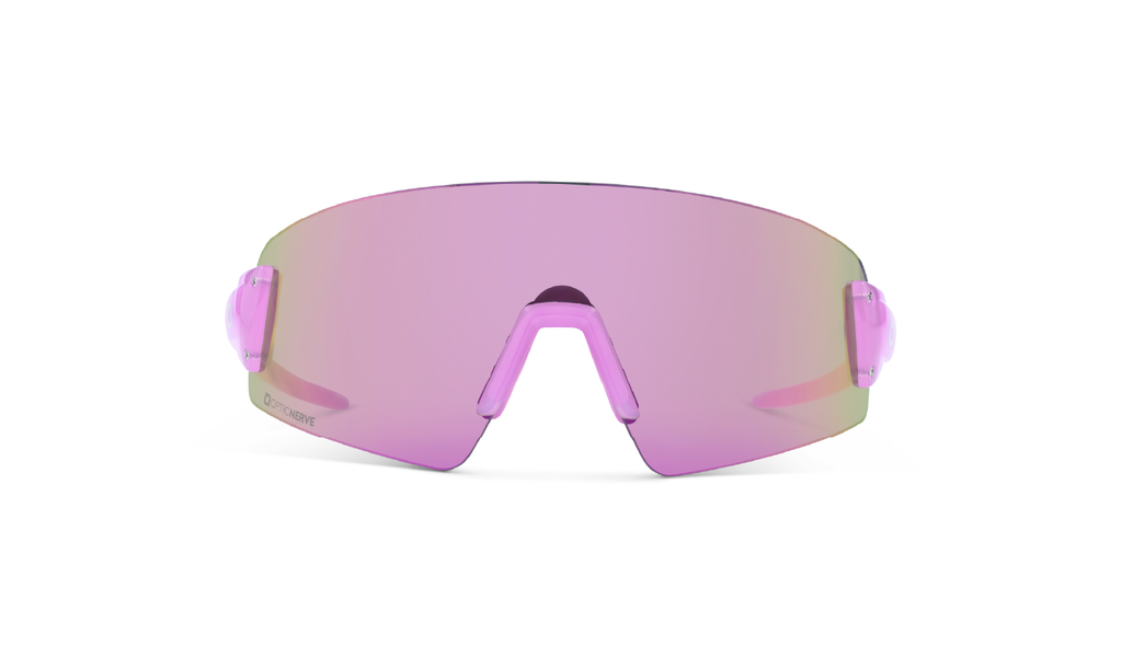 Optic Nerve FixeBLISS Sunglasses with a pink frame, brown lens, and a pink mirror on a white background