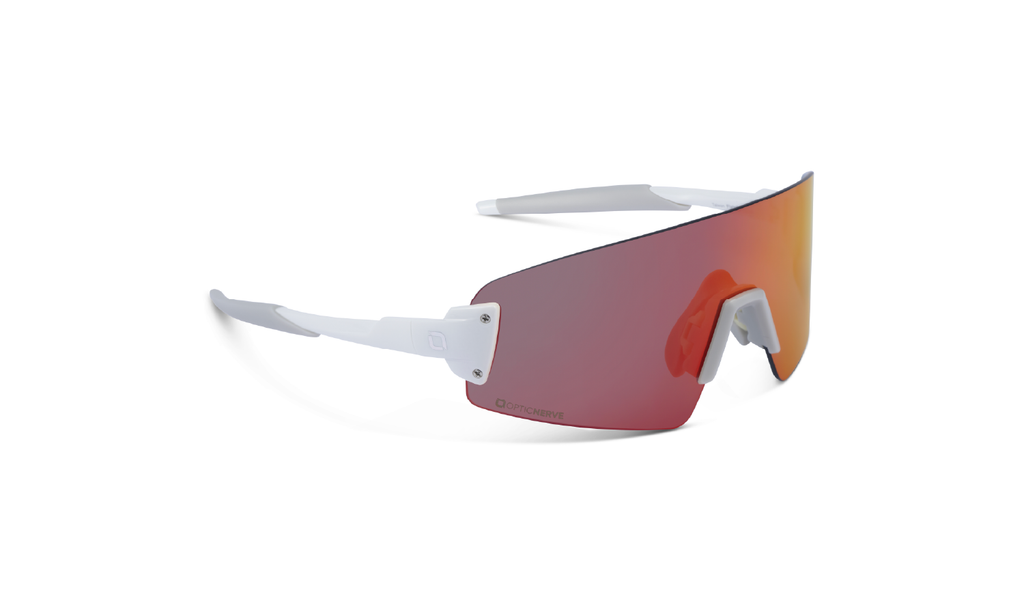 Optic Nerve FixeBLISS Sunglasses with a white frame, smoke lens, and a red mirror on a white background
