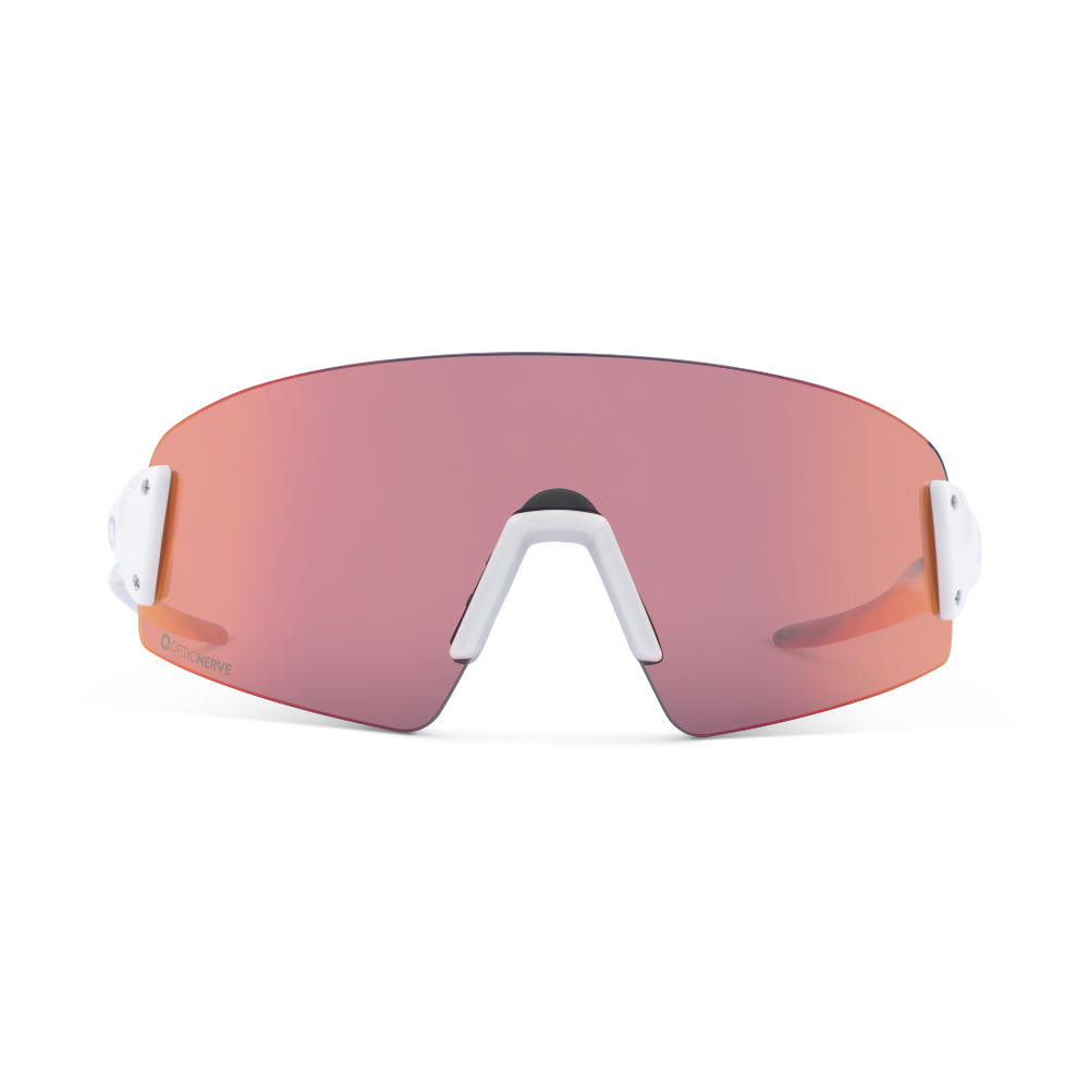 Optic Nerve FixieBLISS sunglasses with a white frame, smoke lens, and a red mirror on a white background