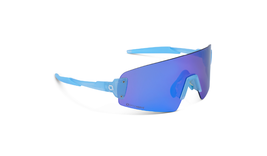 Optic Nerve FixeBLISS Sunglasses with a blue frame, brown lens, and a blue mirror on a white background