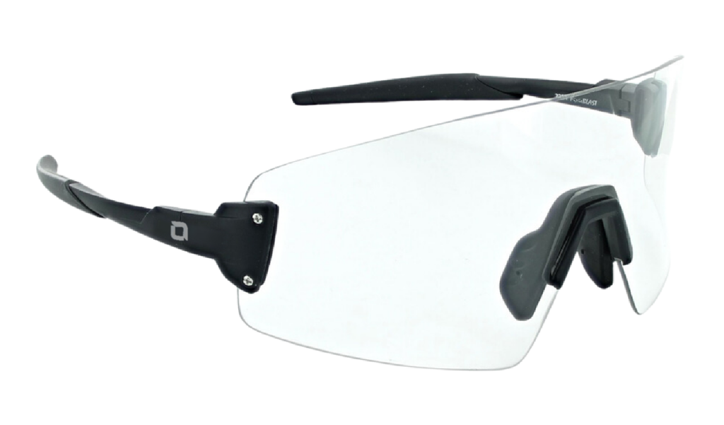 A pair of Optic Nerve FixieBLAST photochromic sunglasses with black temples and a clear photochromic lens designed for sports activities.