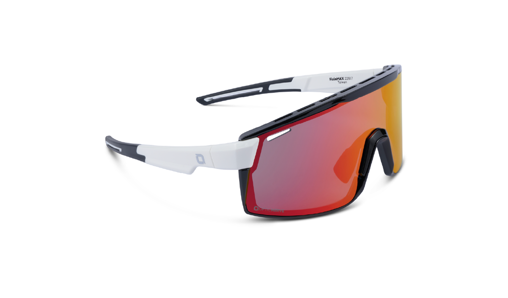FixieMAX sunglasses with a white and black frame, smoke lens, and a red mirror on a white background