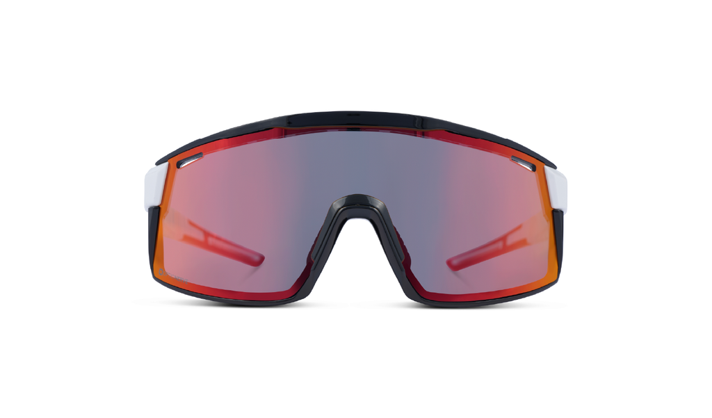 Optic Nerve FixieMAX sunglasses with a white and black frame, smoke lens, and a red mirror on a white background